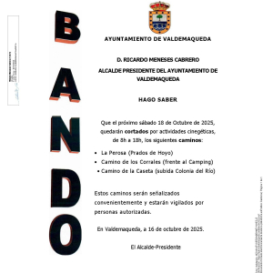 Bando: cortes de caminos por actividades cinegéticas, sábado 18 de octubre